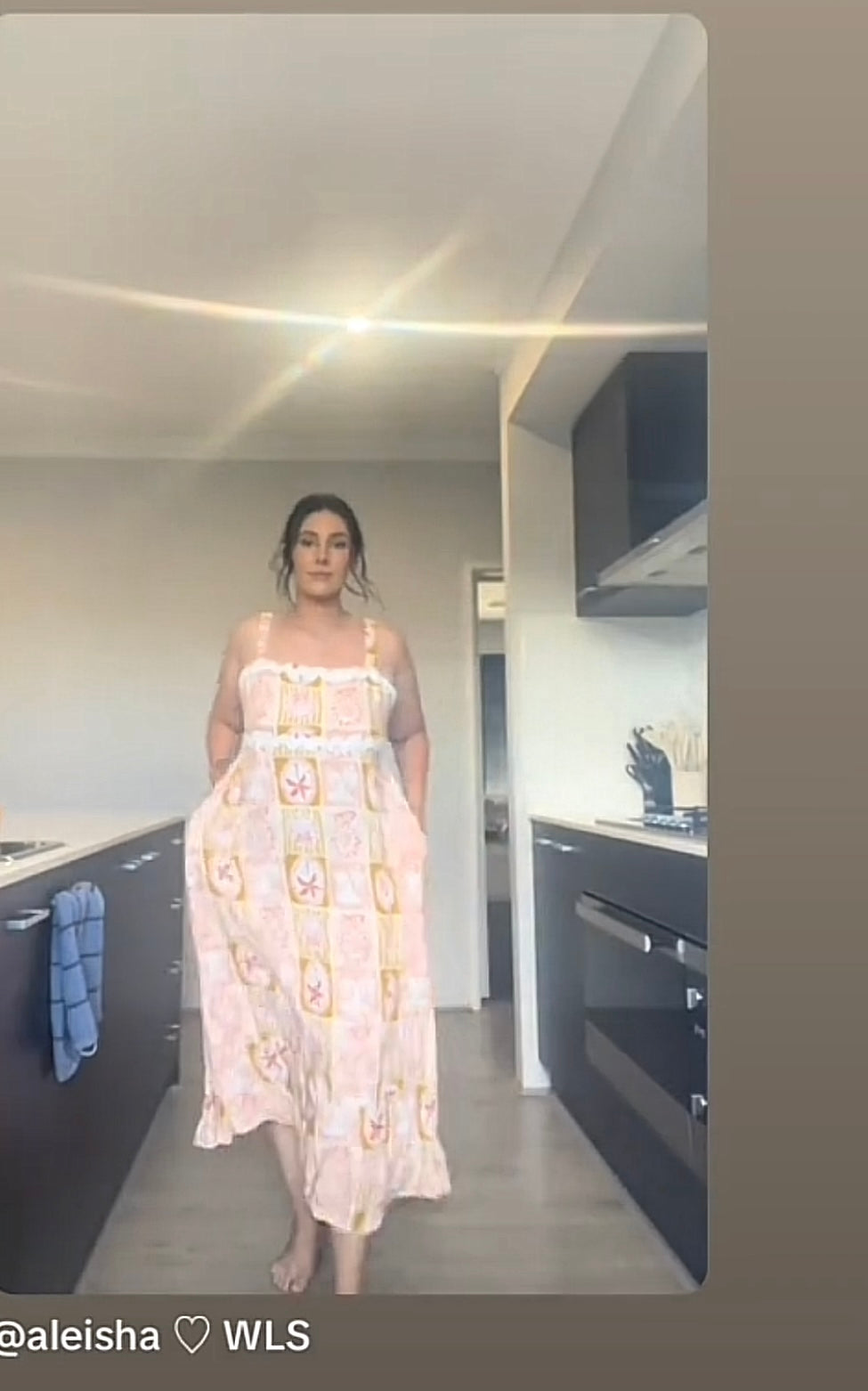 TikTok Influencer Aleisha WLS in our Faith Maxi Dress
A vibrant two-piece set featuring a geometric design of colorful palm trees, waves, and sun in dreamy hues of blush, rose, rust, and yellow. Flowing Maxi dress with taped bust detail and pockets.
