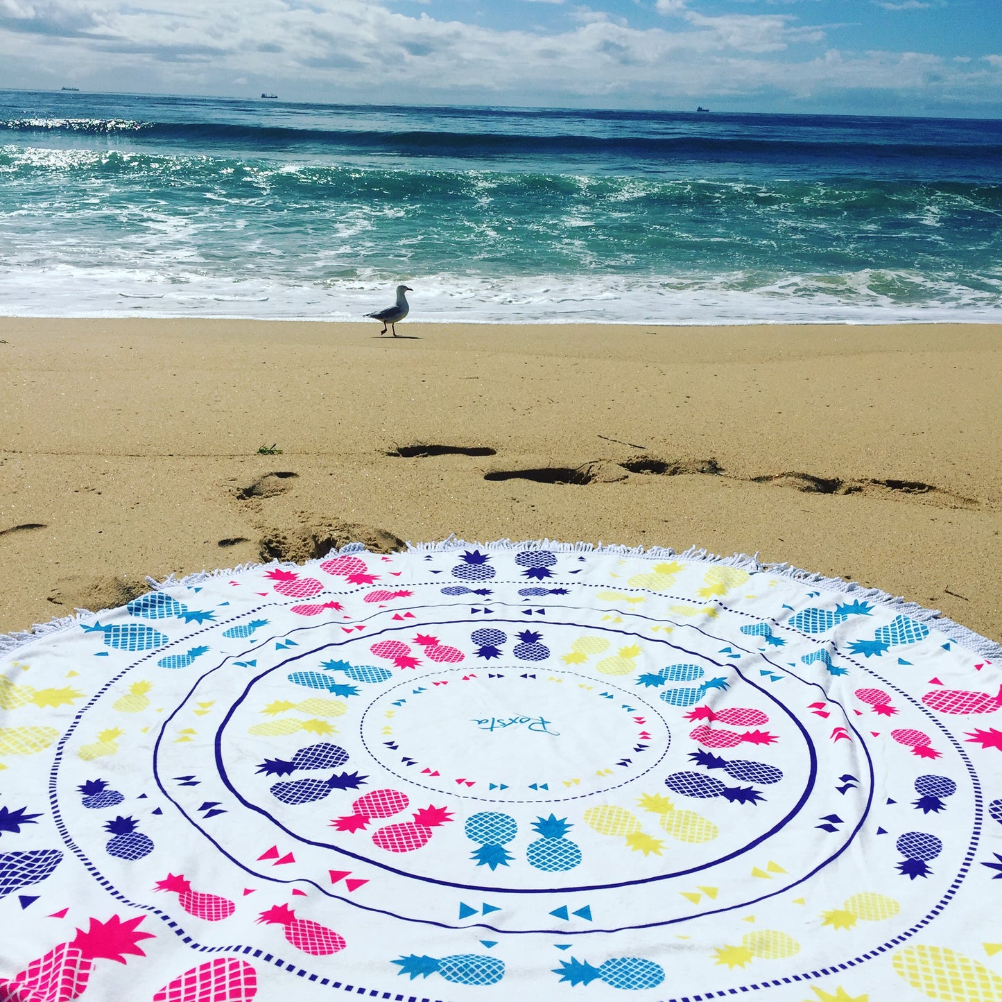 Pineapple Punch Round Towel
Funky tropical pineapples in a mandala pattern, your perfect summer round towel is here.
Dries quickly, efficient in drying off bodies, sand shakes off easily, lightweight.
Great for picnics, take to the park or beach, or a sporting match. The staple that needs to be in your car all year around, handy to whip out at any time when you just need a clean comfortable place to sit.