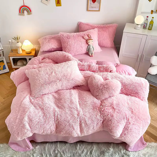 This gloriously luxurious and ultra soft quilt cover set transforms any bedroom into a dreamy sanctuary. Bathed in a luscious cotton candy pink hue, the entire set radiates cosy charm and playful elegance. The faux-fur texture promises warmth and indulgent comfort.
King Size Cover Set

Quilt Cover  220cm  x 240cm

Flat Sheet 250cm x 270cm 

Pillow