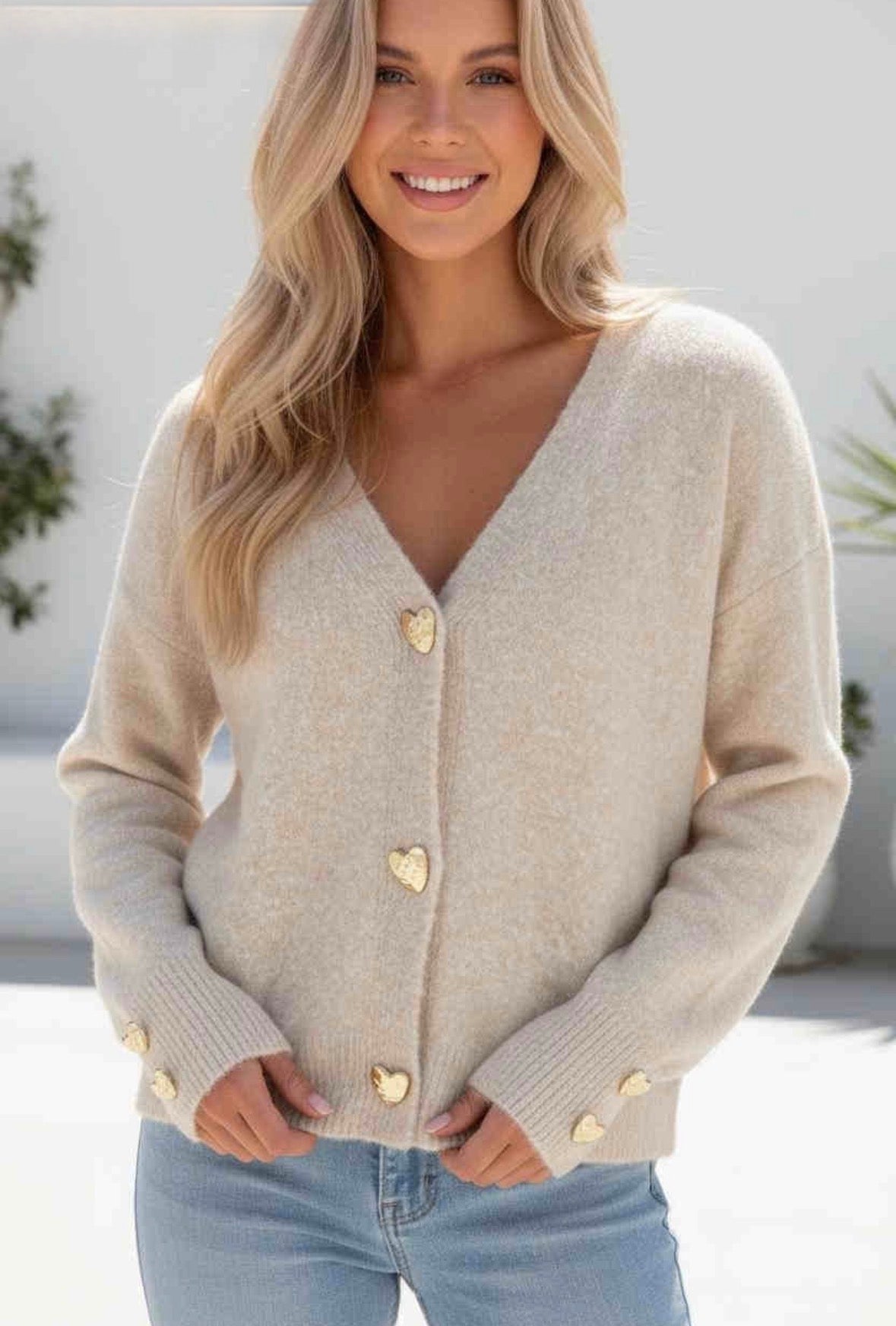 Knit Cardigan Stone Beige Natural heart shaped buttons 
