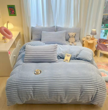 Selwyn Velvet Plush Ribbed Blue King Size Quilt Cover Set