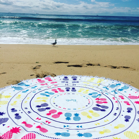 Pineapple Punch Round Towel 

Funky tropical pineapples in a mandala pattern, your perfect summer round towel is here.

Dries quickly, efficient in drying off bodies, sand shakes off easily, lightweight.

Great for picnics, take to the park or beach, or a sporting match. The staple that needs to be in your car all year around, handy to whip out at any time when you just need a clean comfortable place to sit.